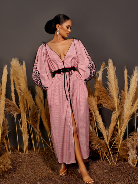 Embroidered Sleeve Red Stripes Shirt Dress